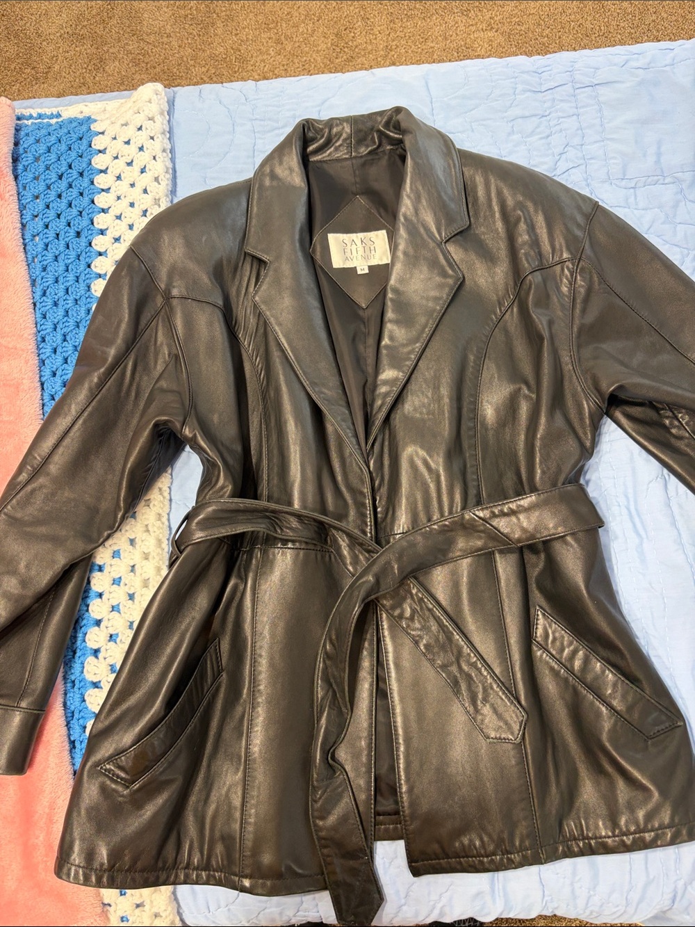 Saks Fifth Avenue Black Leather Belted Jacket